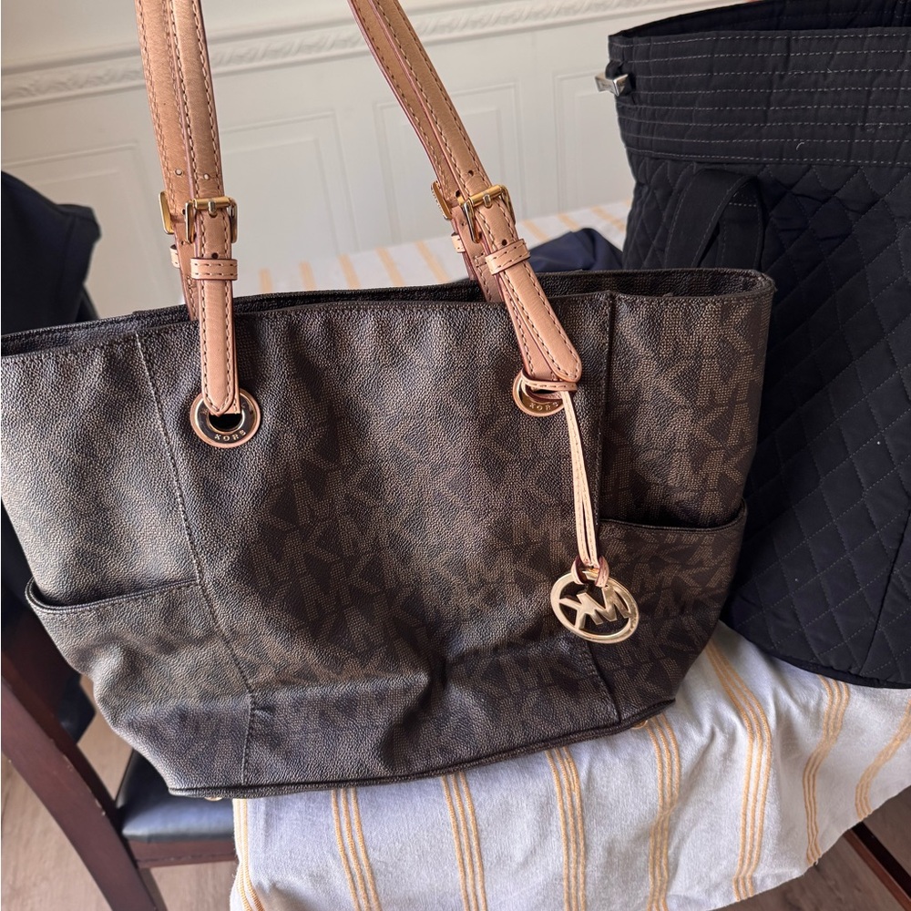 Michael Kors Brown MK Logo Tote with Beige Leather Straps and Gold Charm